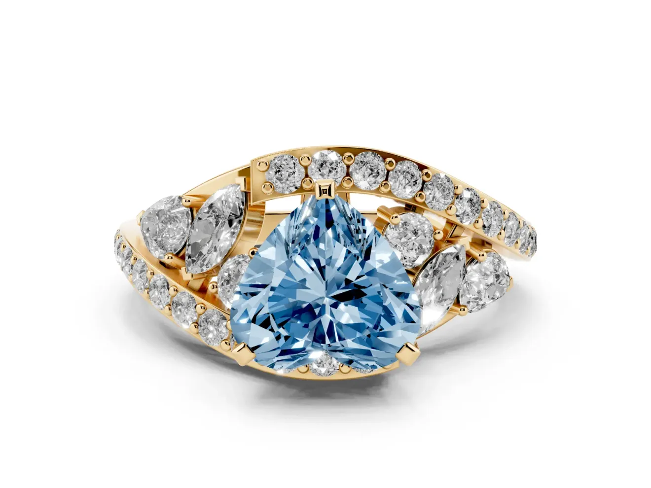 Fancy Blue Heart Cut Diamond Halo Ring Set in Yellow gold with Marquise and Pavé Band in Prong Setting