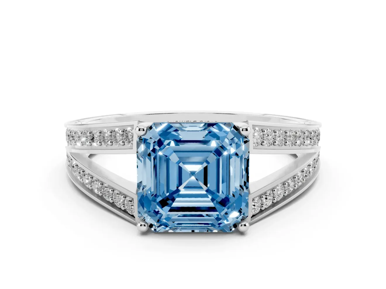 Fancy Blue Asscher Cut Diamond Split Shank Ring Set in Platinum with Pavé Band and Prong Setting