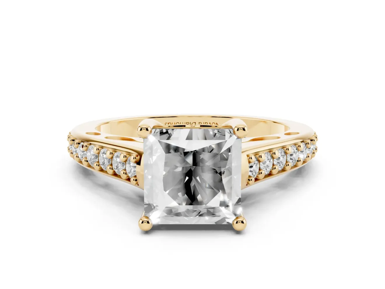 Princess Cut Graduated Pave Cathedral Engagement Ring Setting | Scroll Cut-Outs | Yellow Gold