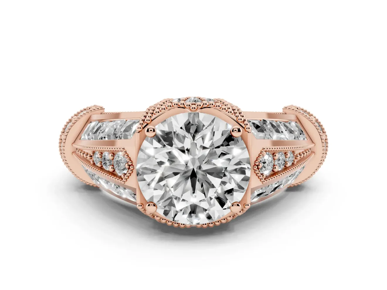 Round Vintage Milgrain Hidden Halo Engagement Ring Setting | Channel-Set Shoulders | Rose Gold