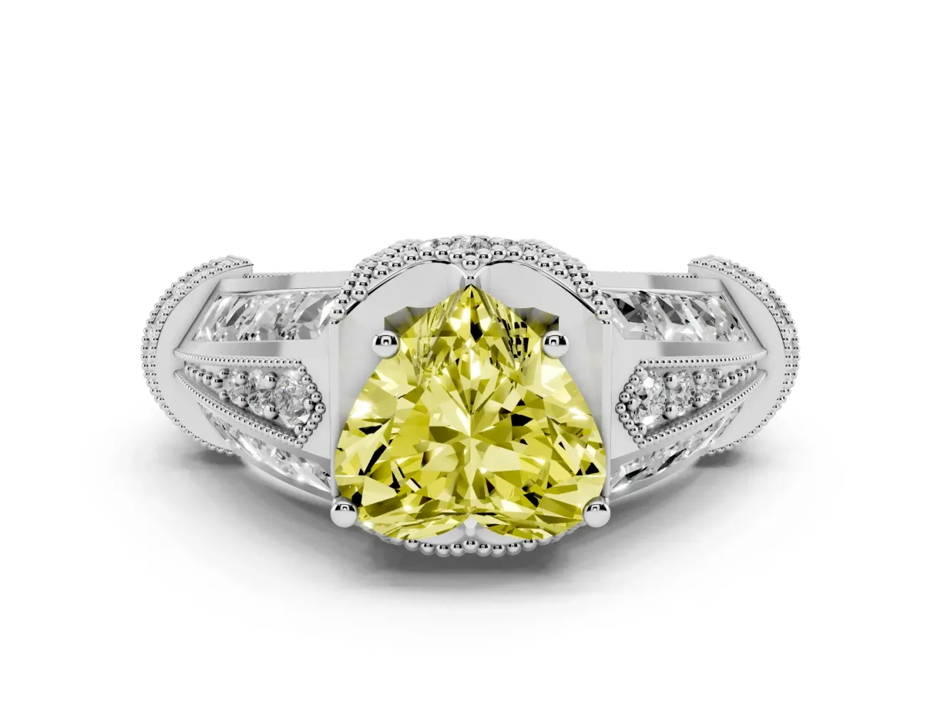 Fancy Yellow Heart Cut Diamond Vintage-Inspired Milgrain Ring Set in White gold with Accent Split Shank