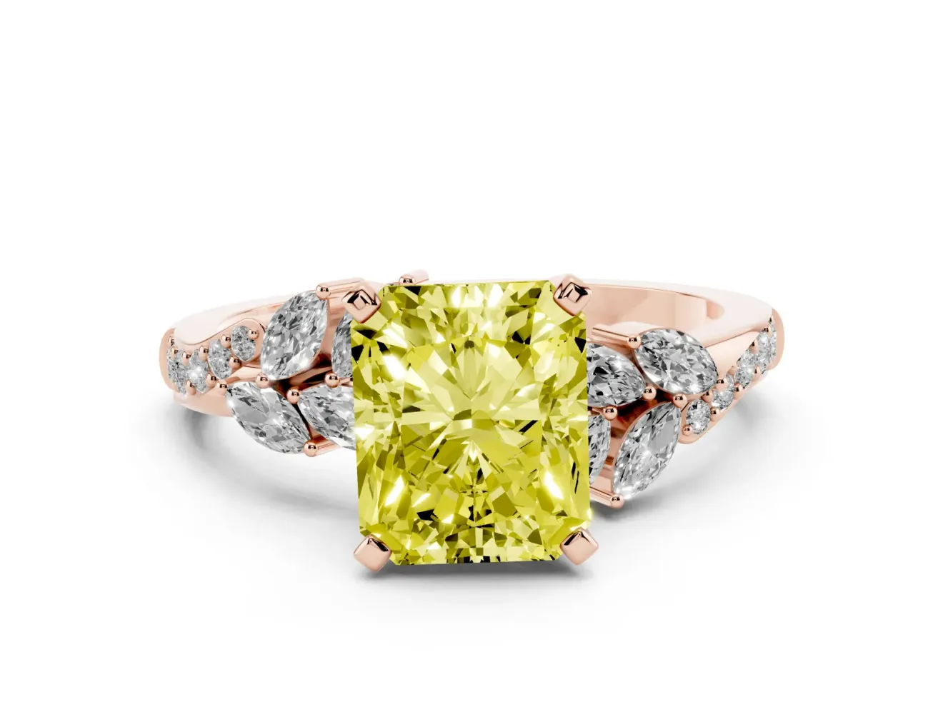 Fancy Yellow Radiant Cut Diamond Solitaire Ring Set in Rose gold with Marquise Twist Band and Prong Setting