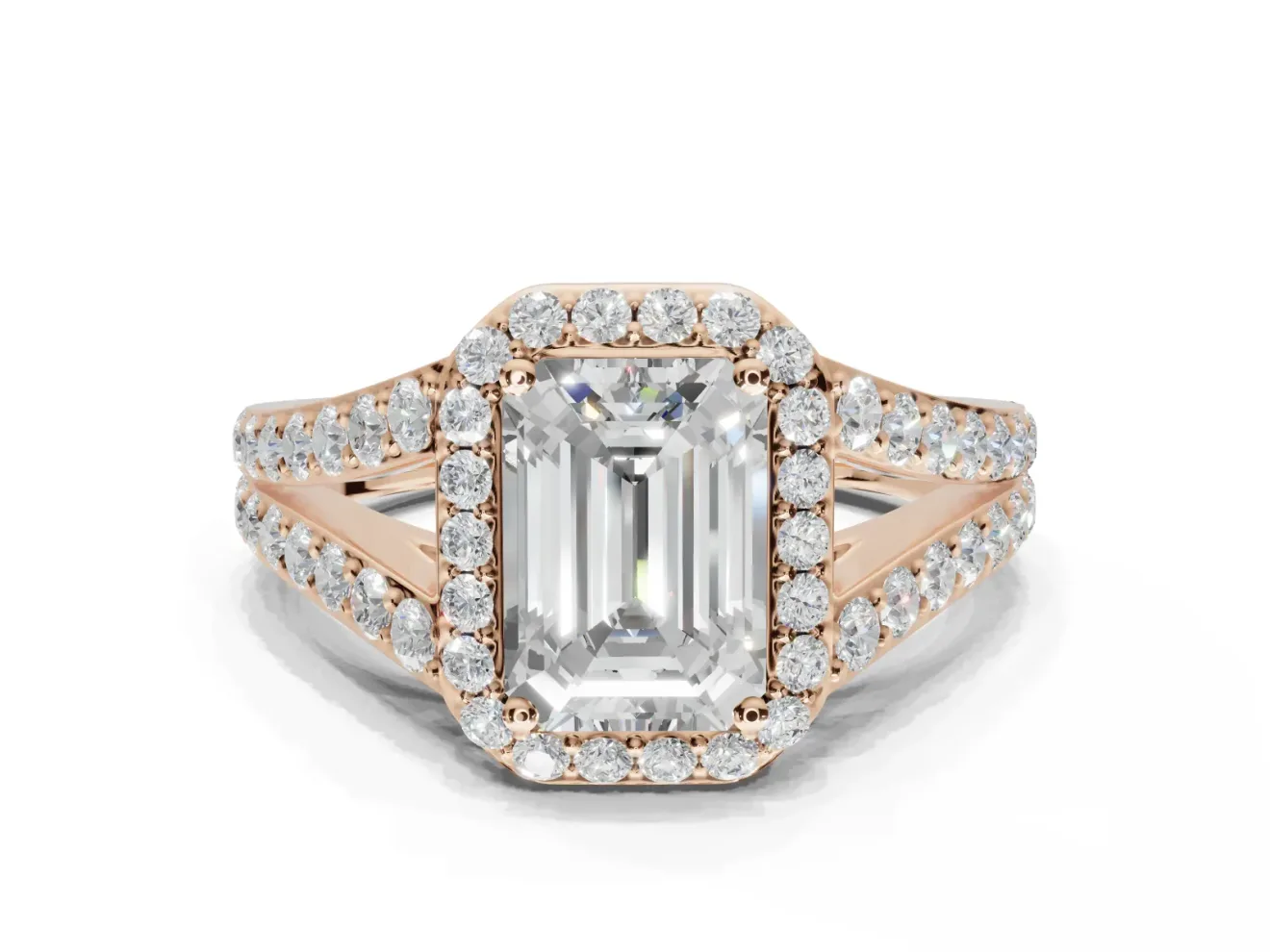 Emerald Cut Halo Pavé Engagement Ring Setting | Narrow Split Shank | Rose Gold