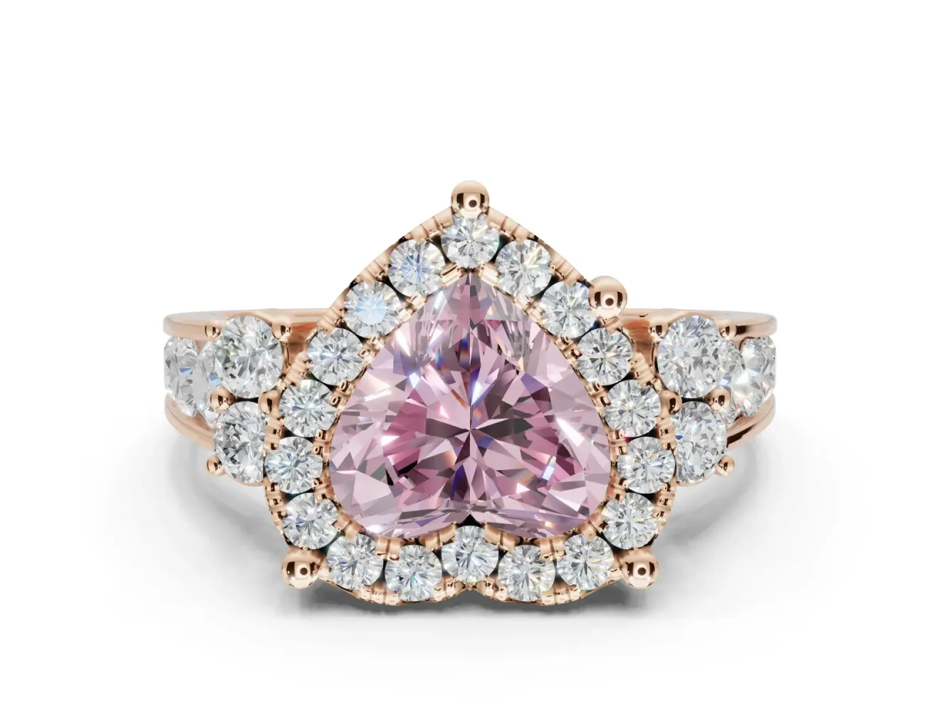 Heart-Shaped Halo Engagement Ring Setting for a Fancy Pink Lab-Grown Diamond | Graduated Channel Band | Rose Gold