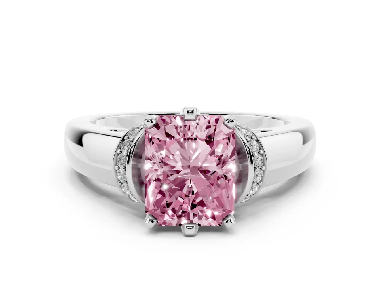 Radiant Cut Pavé Collar Engagement Ring Setting for a Fancy Pink Lab-Grown Diamond | Platinum