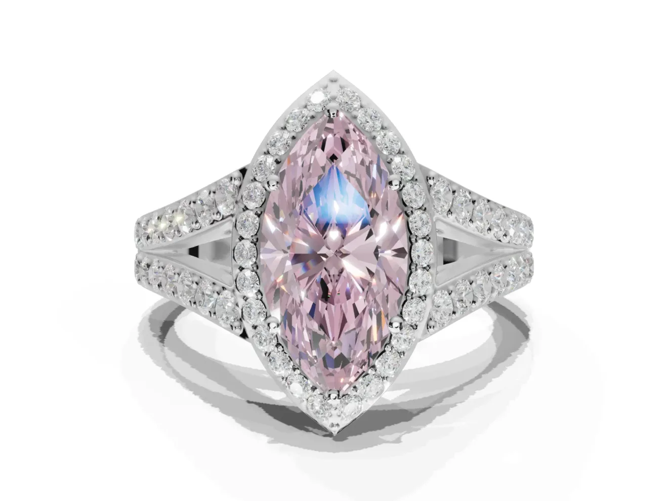 Marquise Halo Pavé Engagement Ring Setting for a Fancy Pink Lab-Grown Diamond | Narrow Split Shank | White Gold