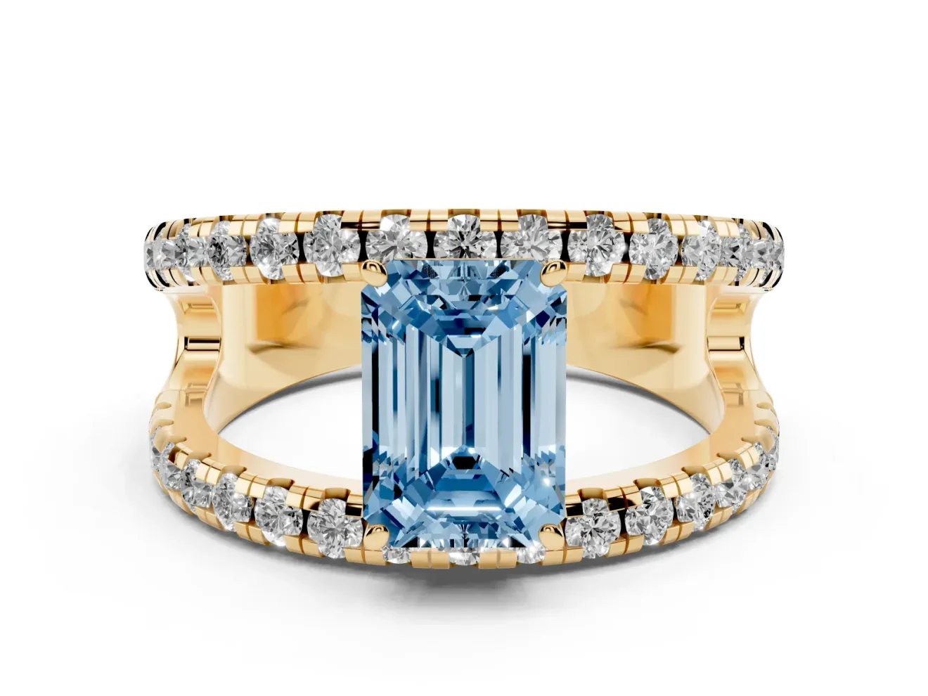 Emerald Cut Split Shank Pavé Engagement Ring Setting for a Fancy Blue Lab-Grown Diamond | Yellow Gold