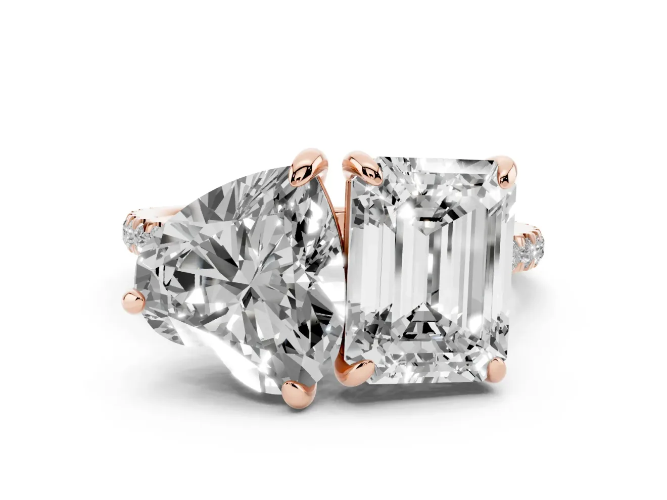 Emerald Cut and Heart-Shaped Lab-Grown Diamond Toi et Moi Engagement Ring | Pavé Band | Rose Gold