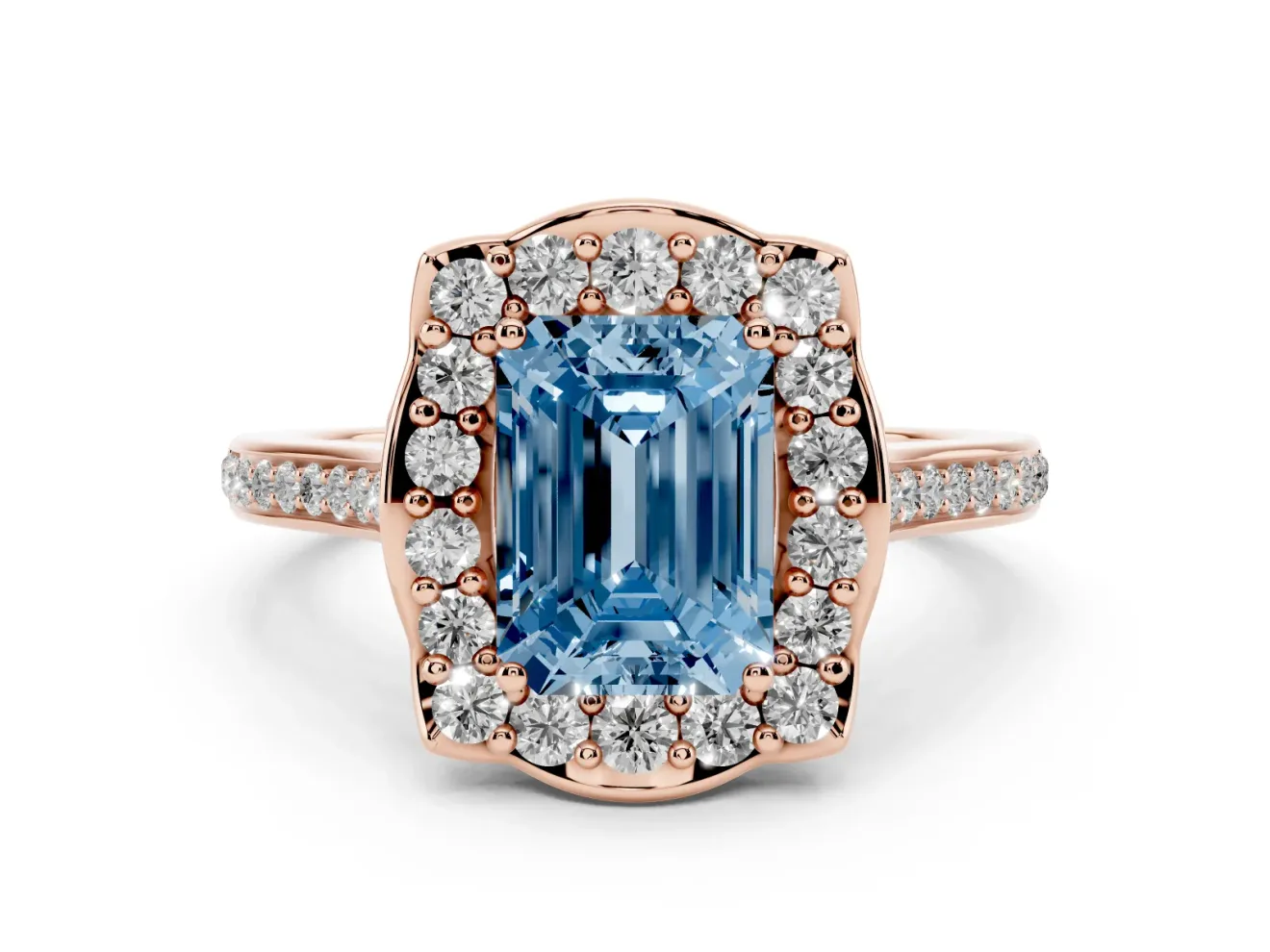 Emerald Cut Halo Engagement Ring Setting for a Fancy Blue Lab-Grown Diamond | Petal Tips | Rose Gold