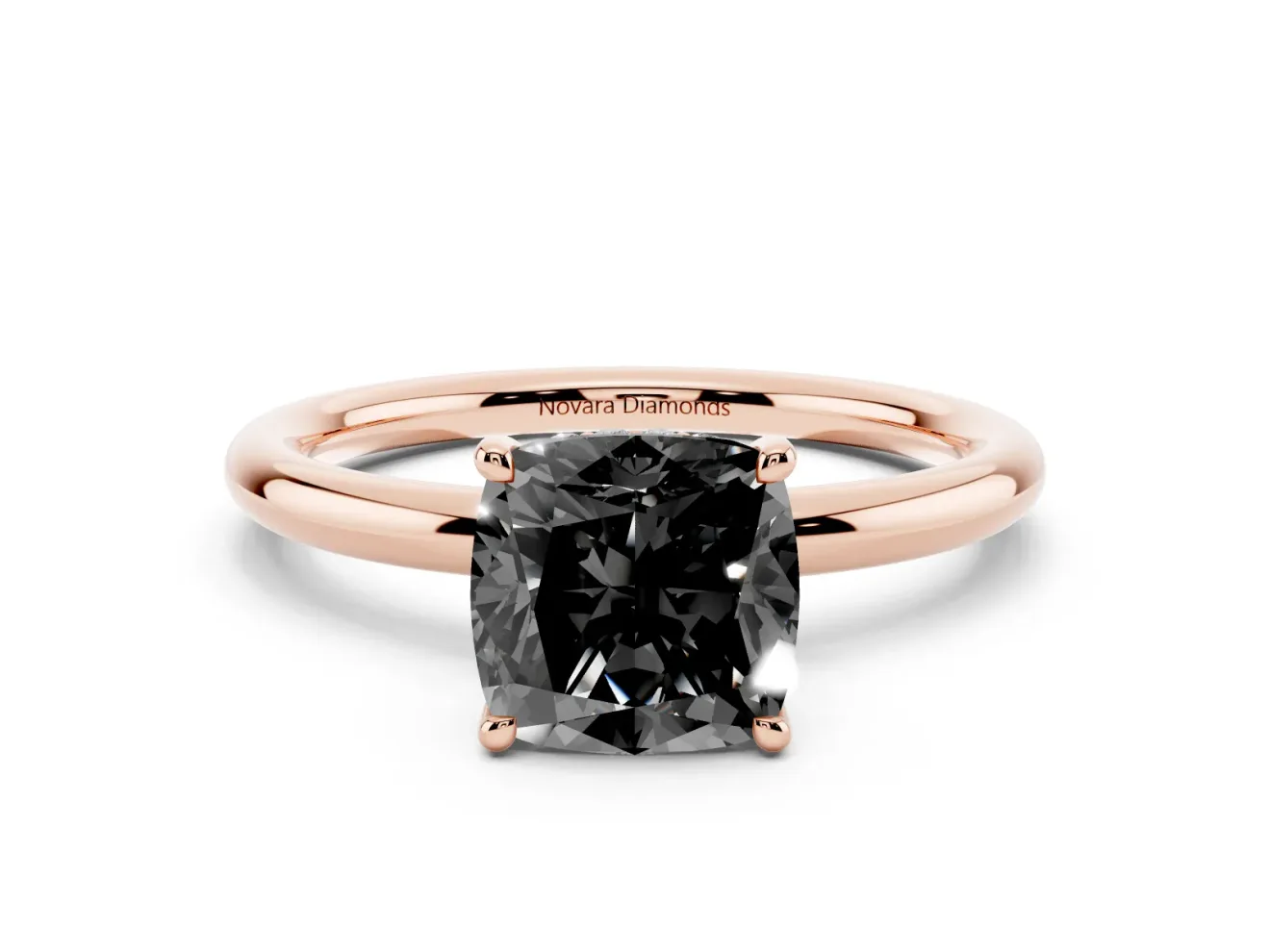 Fancy Black Cushion Cut Diamond Solitaire Ring Set in Rose gold with Thin Band and Prong Setting