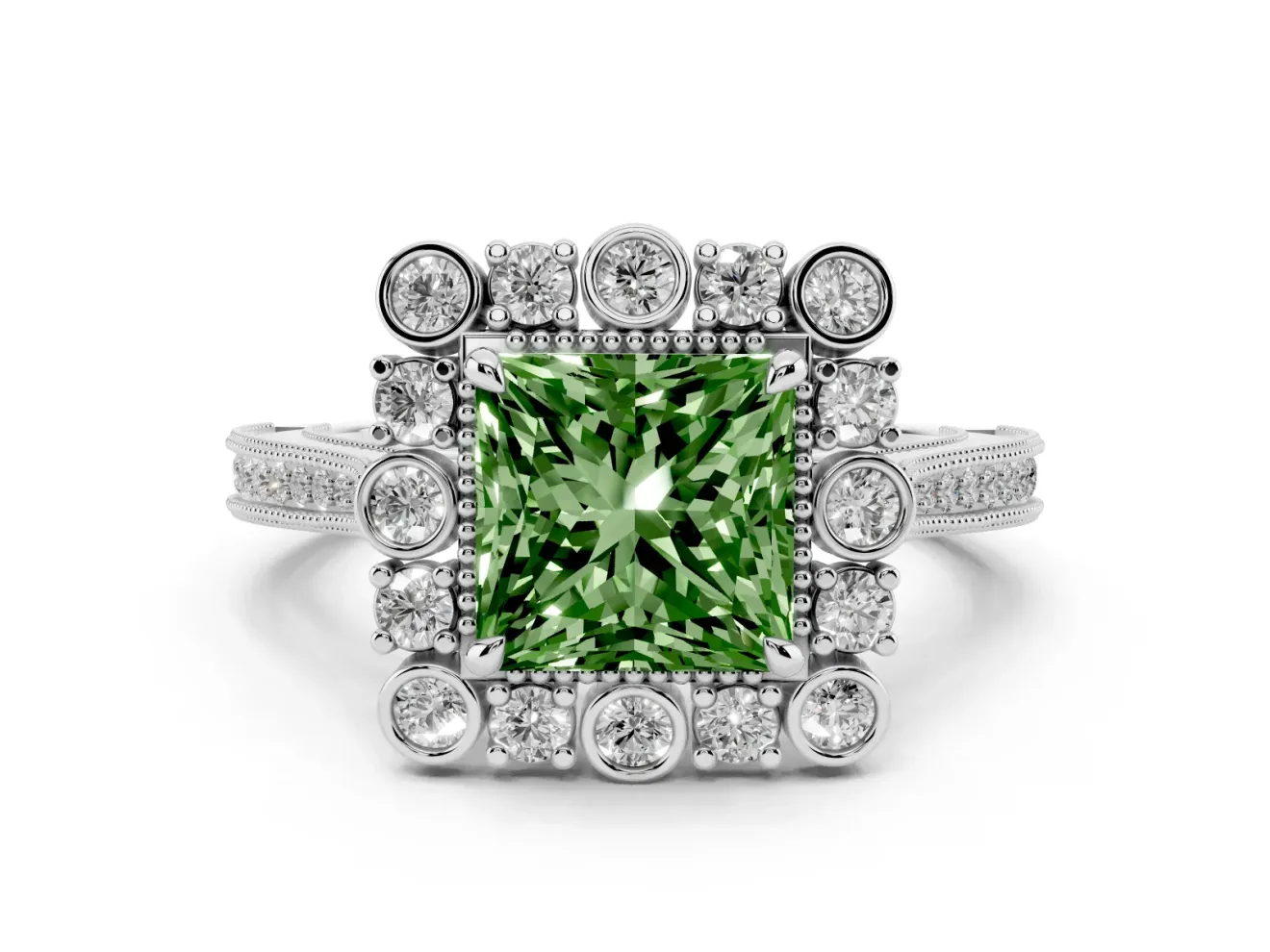 Princess Cut Scalloped Halo Engagement Ring Setting for a Fancy Green Lab-Grown Diamond | Milgrain Edges | Platinum