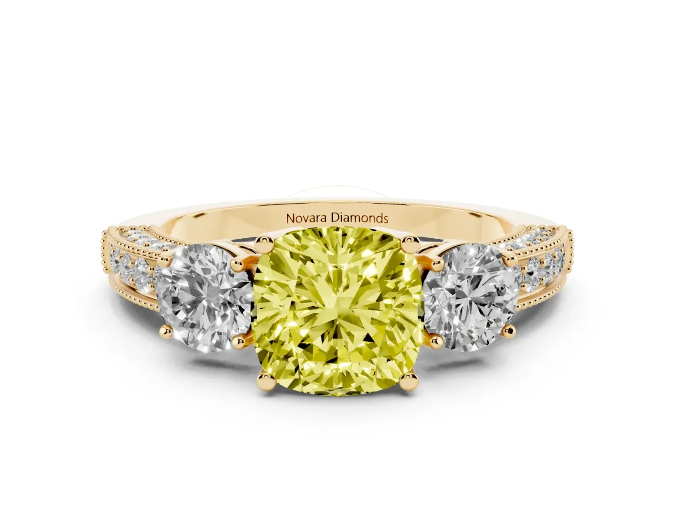 Cushion Cut Three Stone Engagement Ring Setting for a Fancy Yellow Lab-Grown Diamond | Graduated Pave Band | Yellow Gold
