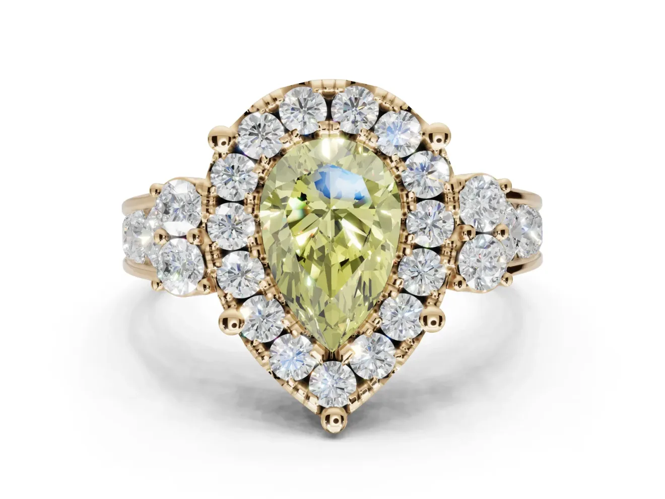 Pear-Shaped Halo Engagement Ring Setting for a Fancy Yellow Lab-Grown Diamond | Graduated Channel Band | Yellow Gold