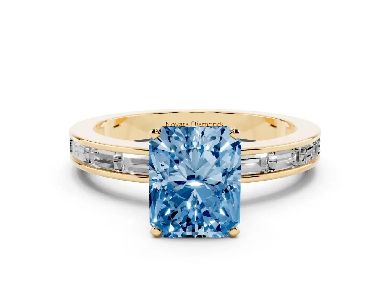 Fancy Blue Radiant Cut Diamond Solitaire Ring Set in Yellow gold with Channel-Set Baguette Band and Prong Setting
