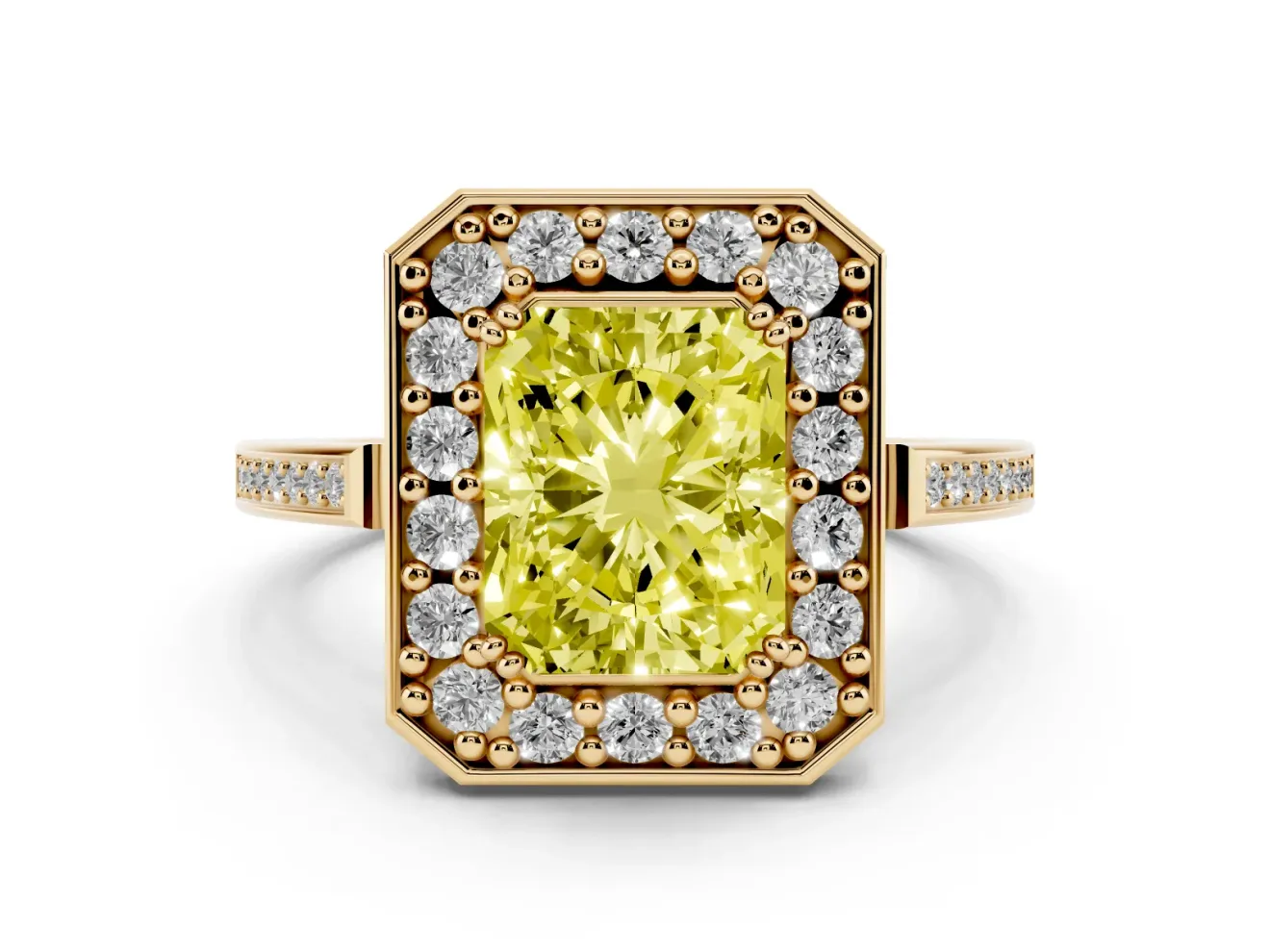 Radiant Cut Halo Engagement Ring Setting for a Fancy Yellow Lab-Grown Diamond | Polished Halo Rim | Yellow Gold