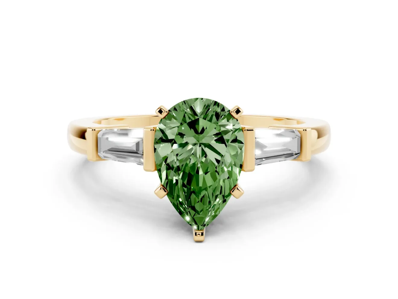 Pear-Shaped Three-Stone Engagement Ring Setting for a Fancy Green Lab-Grown Diamond | Tapered Baguettes | Yellow Gold