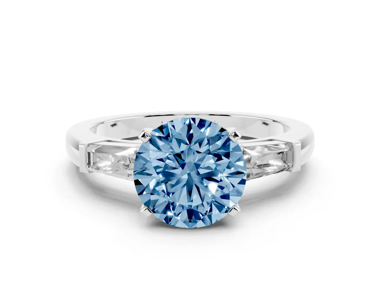 Fancy Blue Round Cut Diamond Solitaire Ring Set in Platinum with Tapered Baguette Side Stones and Prong Setting
