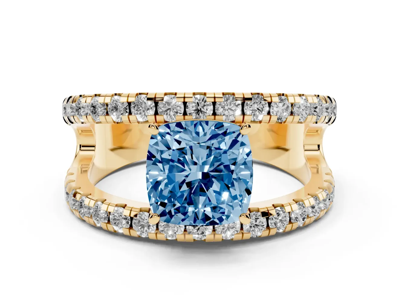 Cushion Cut Pavé Engagement Ring Setting for a Fancy Blue Lab-Grown Diamond | Yellow Gold - Design NV-24679