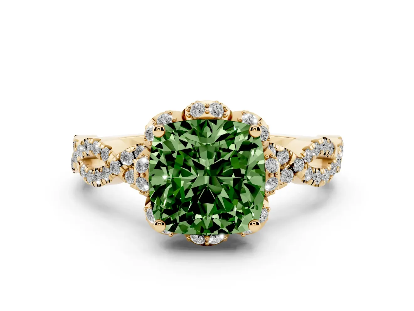 Fancy Green Cushion Cut Diamond Halo Twist Band Solitaire Ring Set in Yellow gold with Prong-Set Center Stone