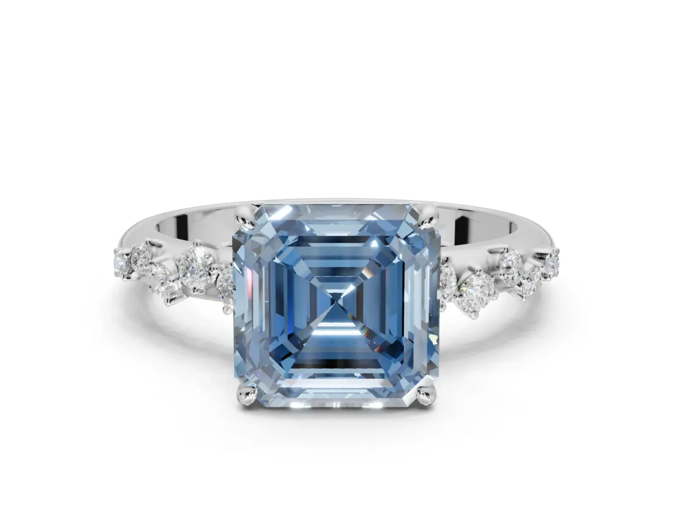 Asscher Cut Graduated Solitaire Engagement Ring Setting for a Fancy Blue Lab-Grown Diamond | White Gold