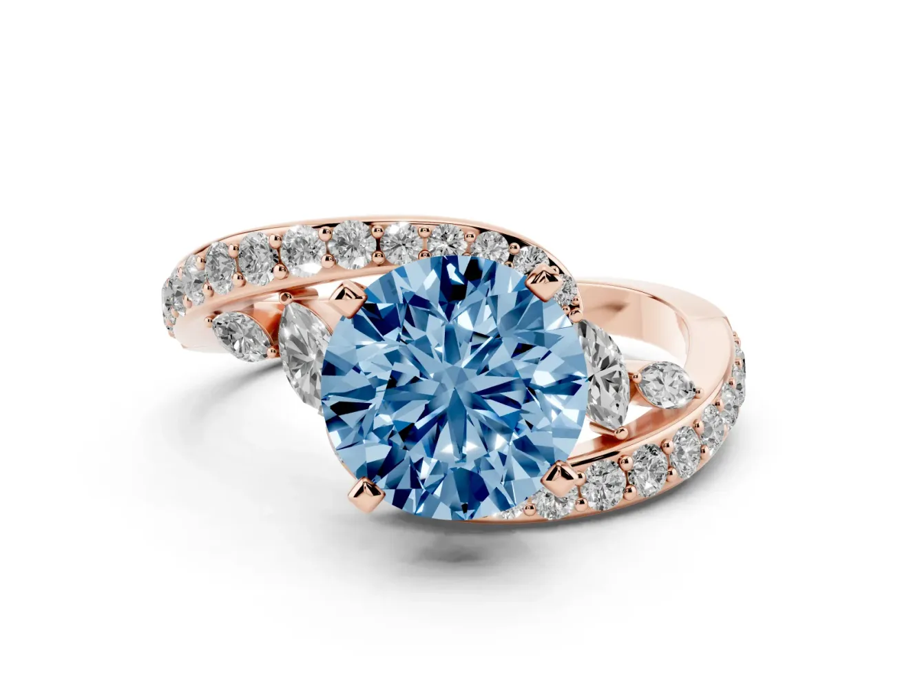 Fancy Blue Round Cut Diamond Solitaire Ring Set in Rose gold with Pavé Twist Band and Secure Prong Setting