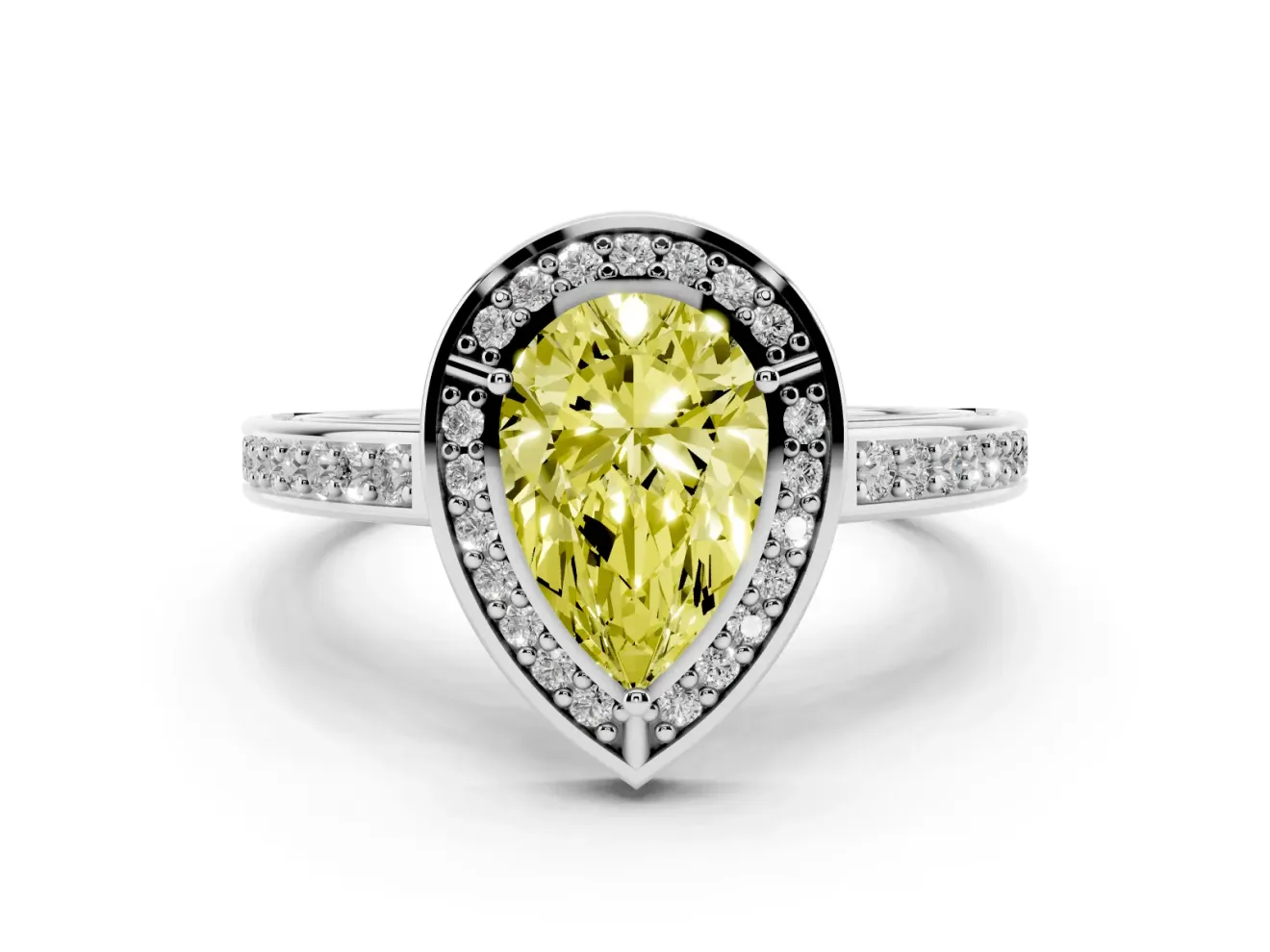 Fancy Yellow Pear Cut Diamond Halo Pavé Split Shank Ring Set in Platinum with Prong Setting