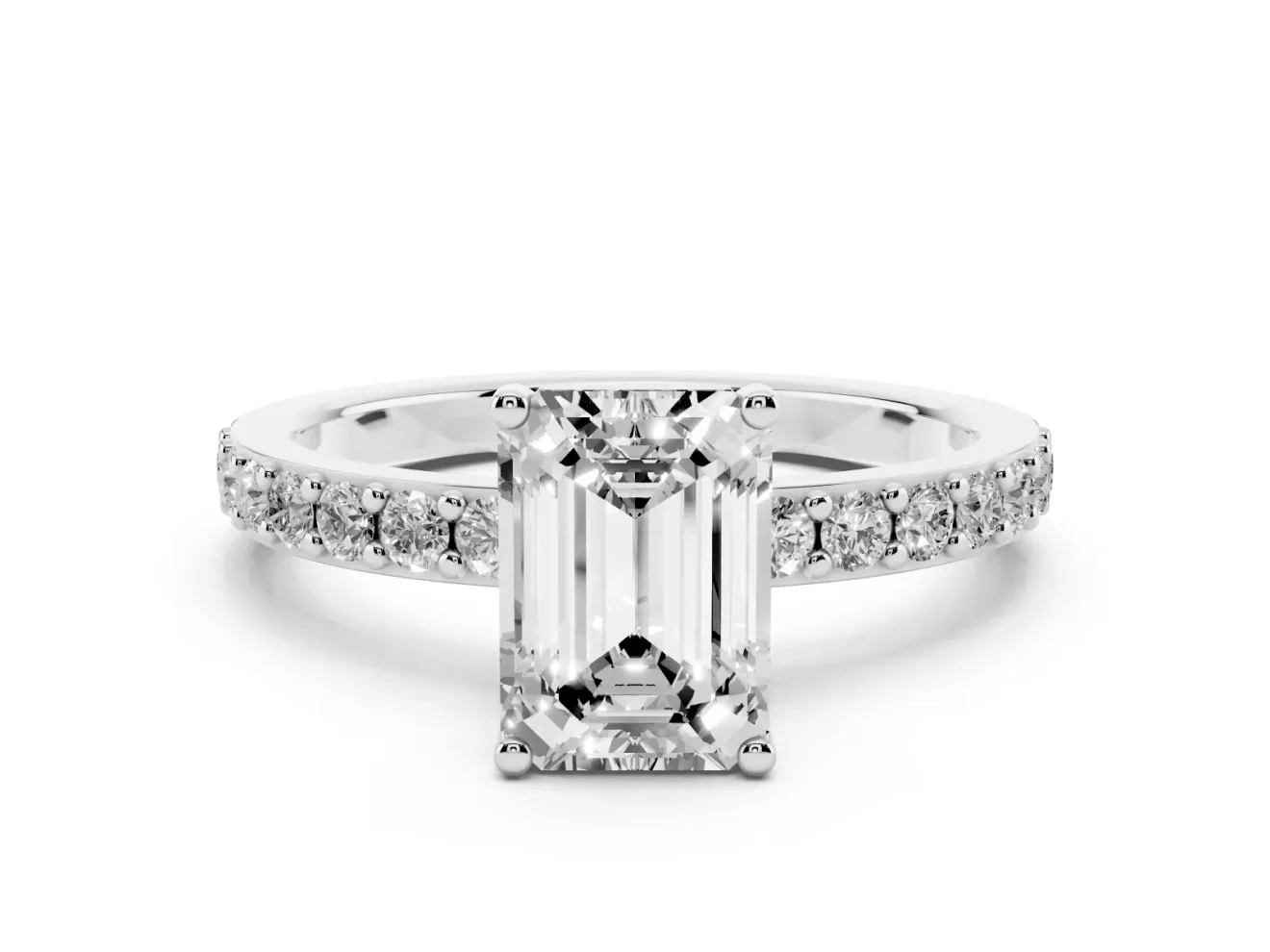 Emerald Cut Diamond Solitaire Set in Silver with Round Pavé Band and Prong Setting