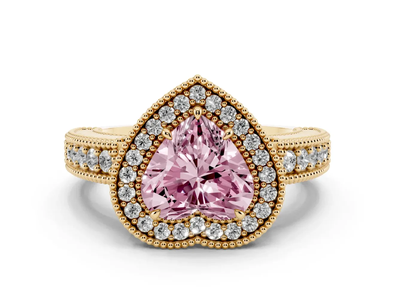 Fancy Pink Heart Cut Diamond Halo Ring Set in Yellow gold with Round Accent Halo, Pavé Band and Prong Setting