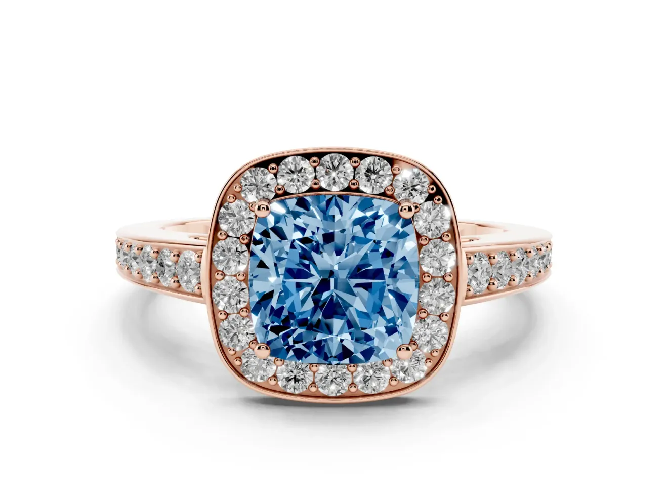 Fancy Blue Cushion Cut Diamond Halo Pavé Engagement Ring Set in Rose gold with Bezel Setting