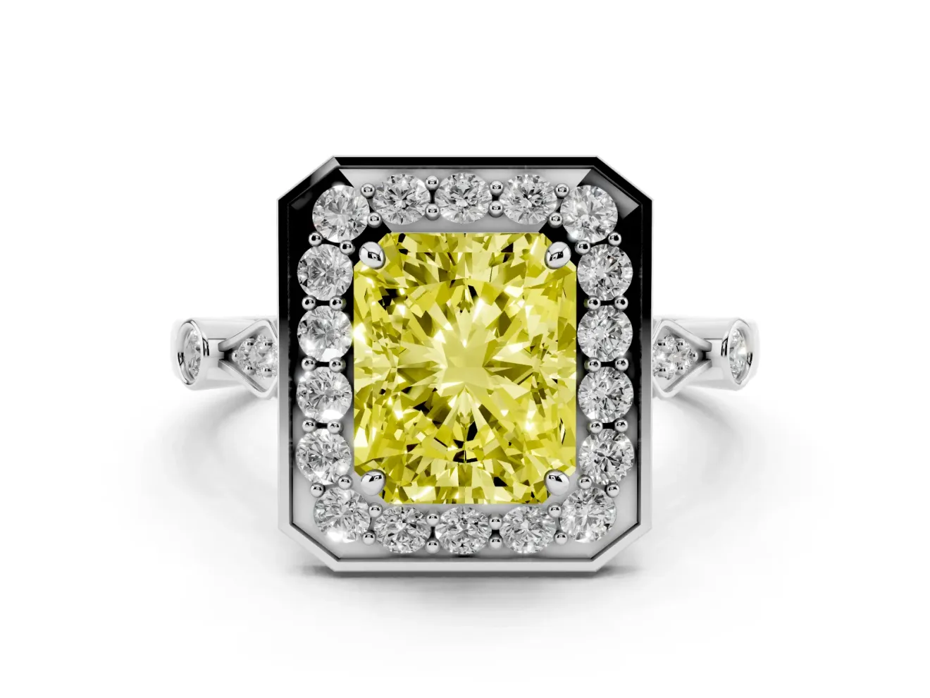 Radiant Cut Halo Engagement Ring Setting for a Fancy Yellow Lab-Grown Diamond | Bezel Station Shoulders | Platinum