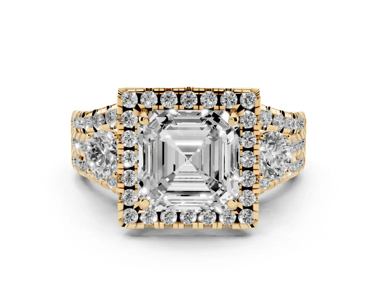 Asscher Cut Halo Split Shank Engagement Ring Setting | Round Side Stones | Yellow Gold
