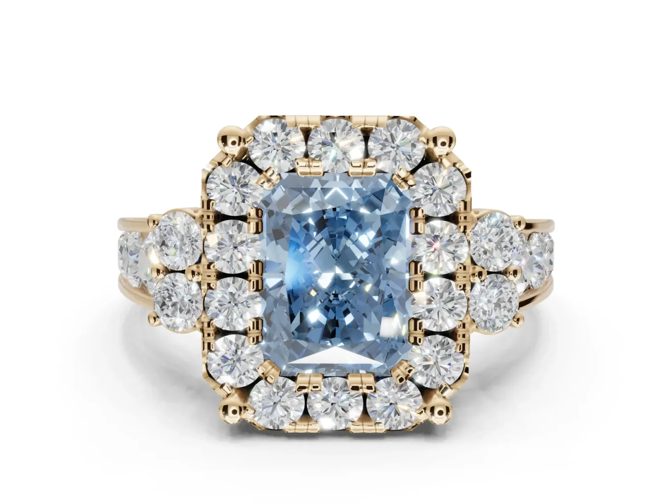 Radiant Cut Halo Engagement Ring Setting for a Fancy Blue Lab-Grown Diamond | Graduated Channel Band | Yellow Gold