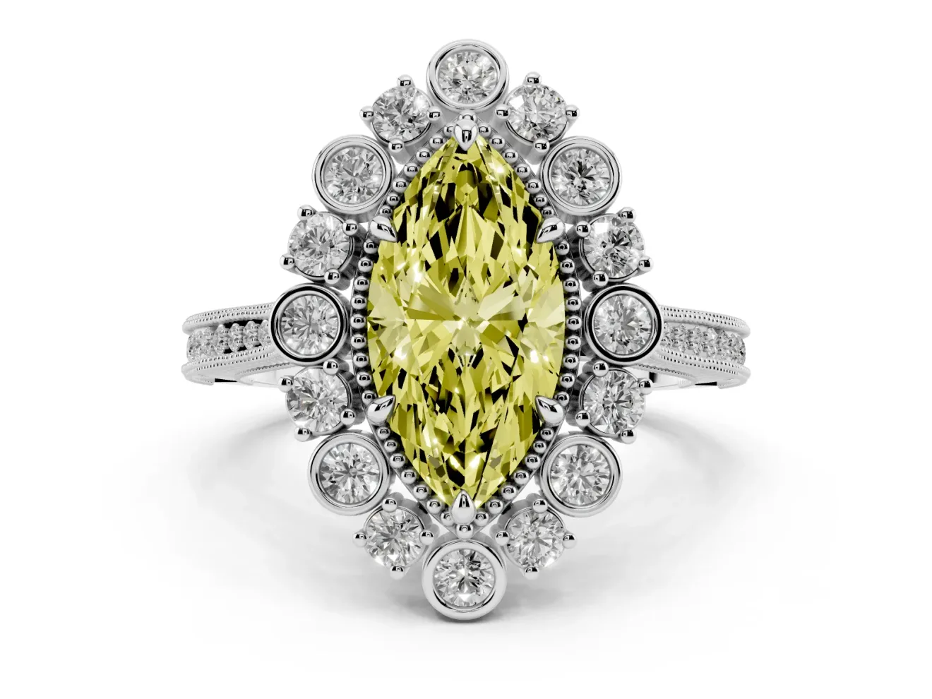 Fancy Yellow Marquise Cut Diamond Halo Milgrain Pavé Ring Set in Silver with Prong Setting