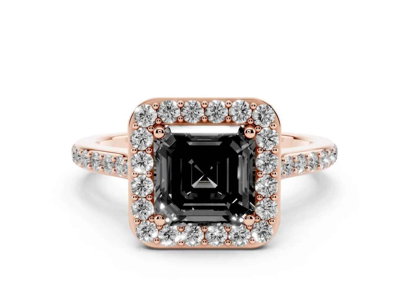 Asscher Cut Pavé Halo Engagement Ring Setting for a Black Center | Rose Gold