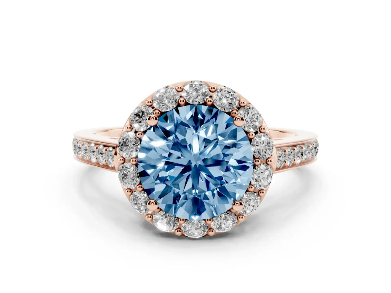 Round Floral Halo Engagement Ring Setting for a Fancy Blue Lab-Grown Diamond | Large Round Accents | Rose Gold