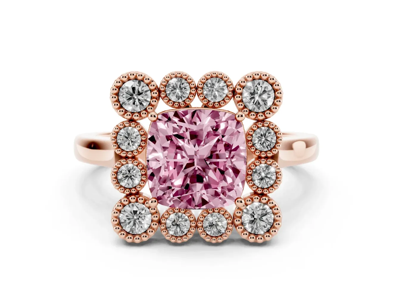 Cushion Cut Milgrain Cluster Halo Engagement Ring Setting for a Fancy Pink Lab-Grown Diamond | Plain Band | Rose Gold