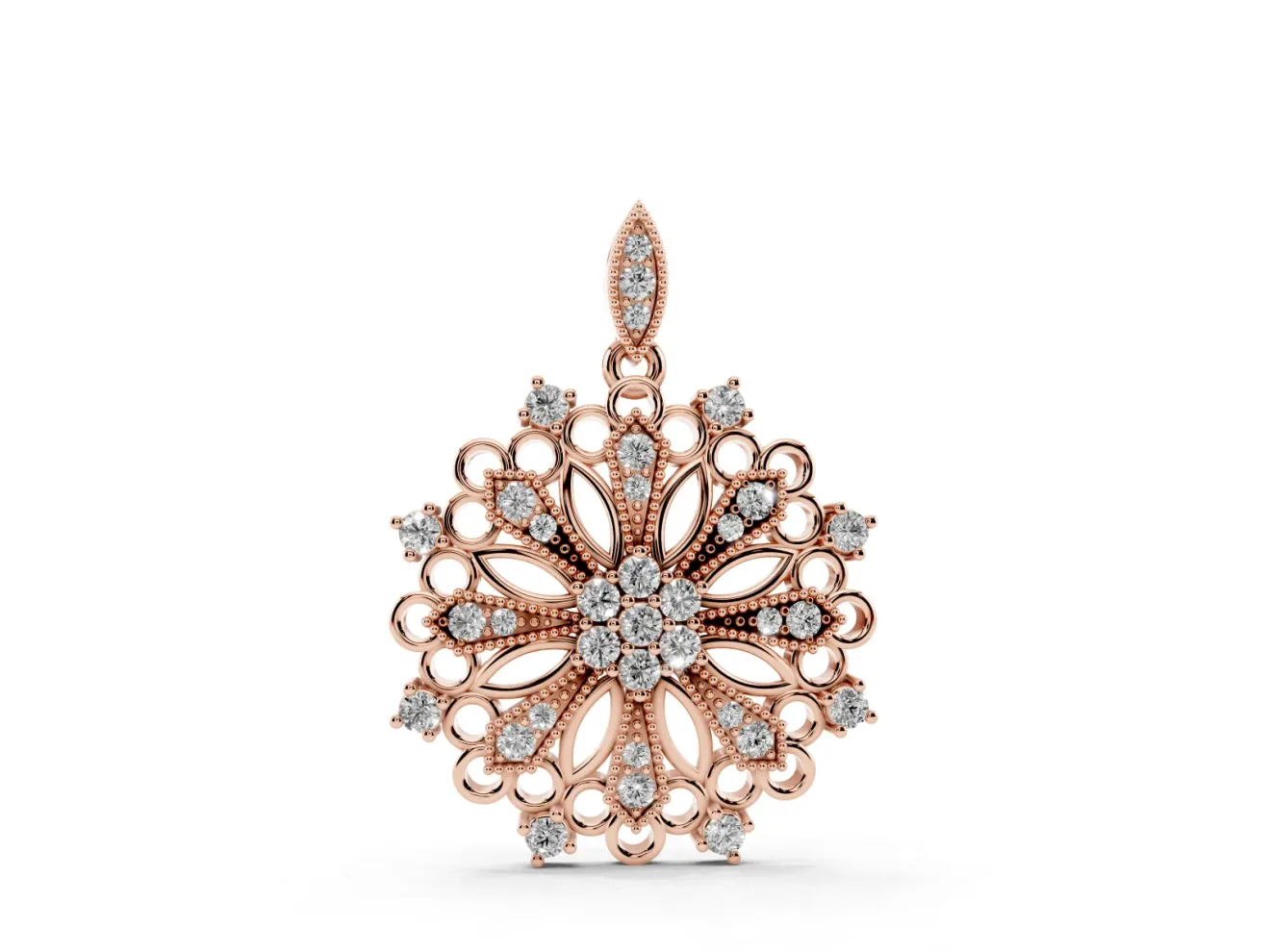 Round Lab-Grown Diamond Cluster Milgrain Floral Pendant Necklace | Openwork Medallion | Rose Gold