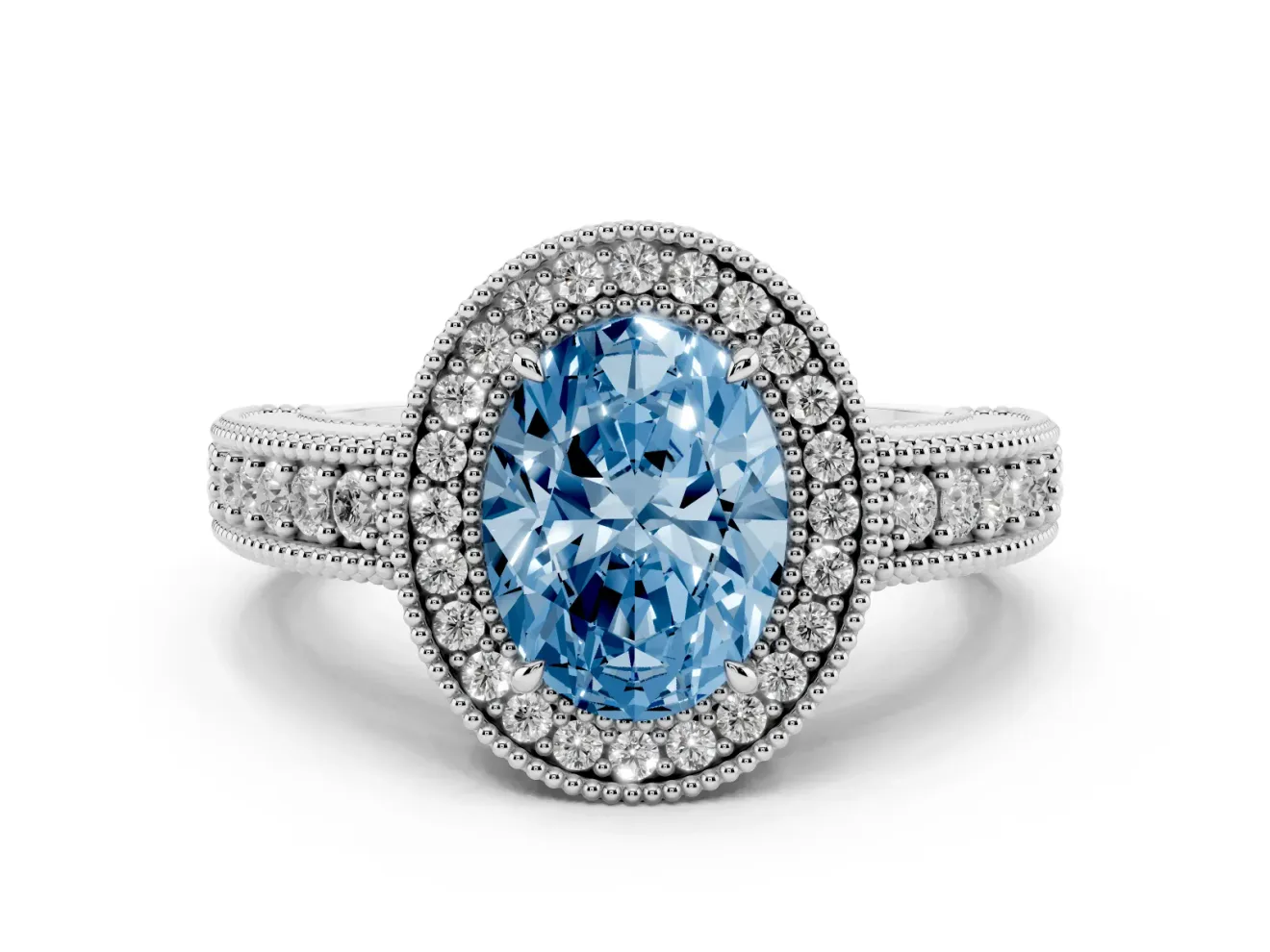 Fancy Blue Oval Cut Diamond Halo Ring Set in Silver with Round Accent Halo, Pavé Band and Prong Setting