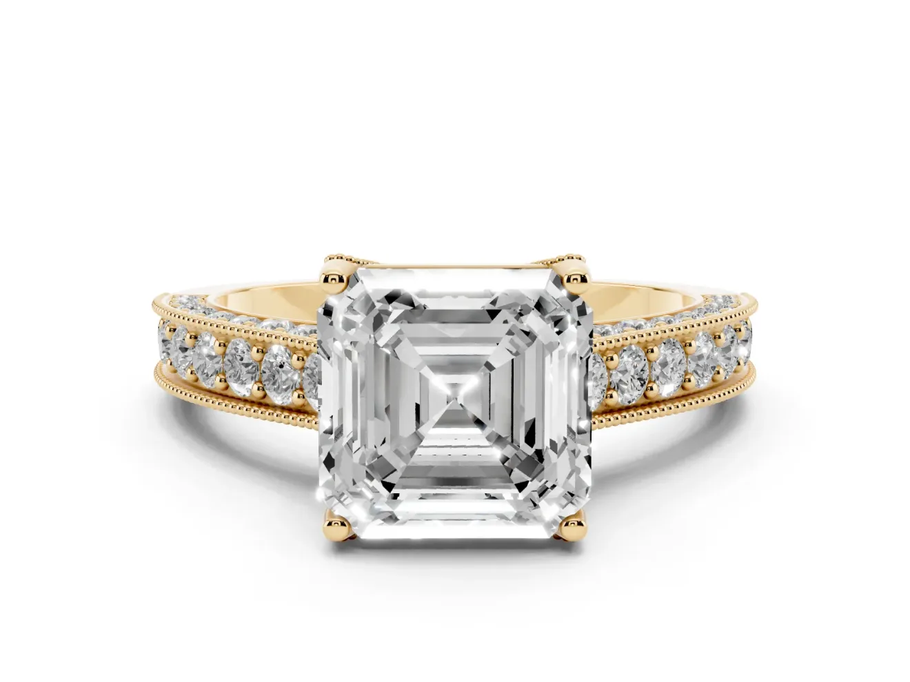 Asscher Cut Vintage Hidden Halo Engagement Ring Setting | Milgrain Pave Band | Yellow Gold