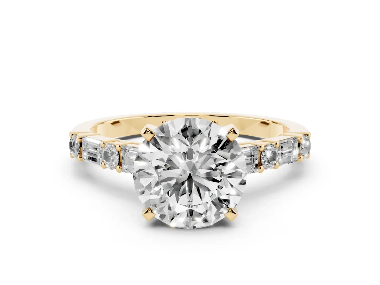 Round Cut Diamond Solitaire Set in Yellow gold with Side Baguettes and Channel Set Band