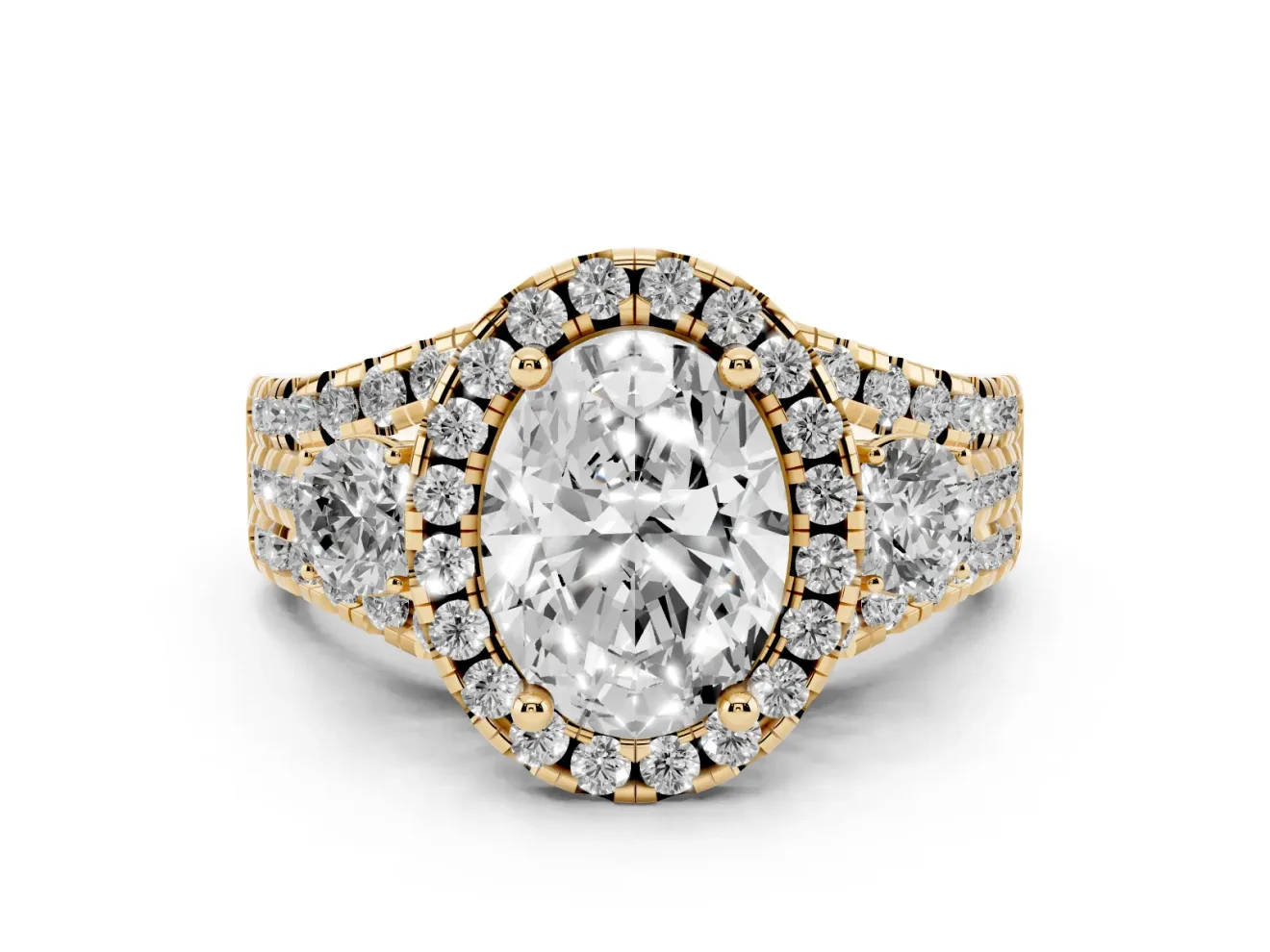 Oval Halo Split Shank Engagement Ring Setting | Round Side Stones | Yellow Gold