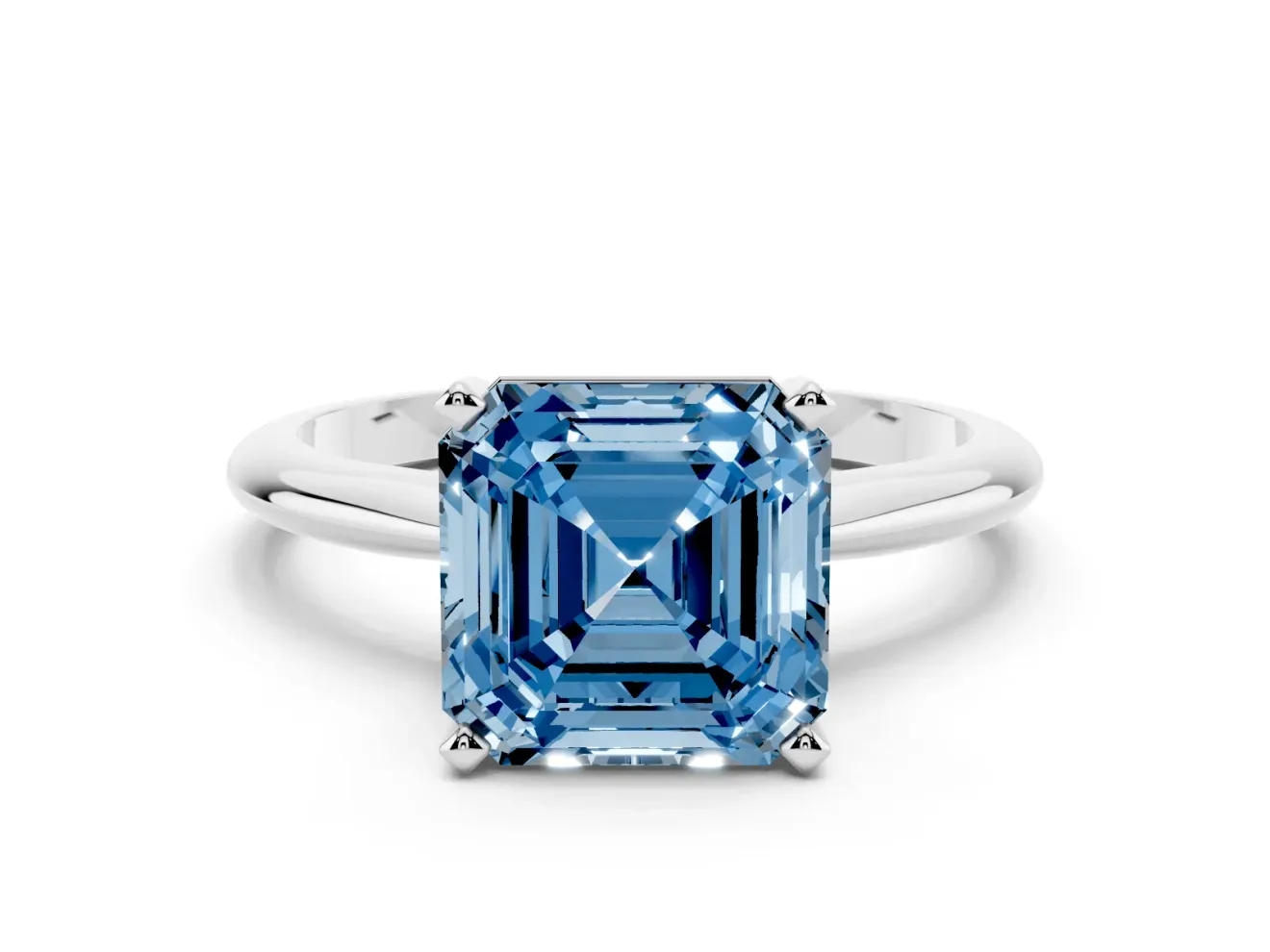 Fancy Blue Asscher Cut Diamond Solitaire Ring Set in Platinum with Prong Setting on a Plain Round Band