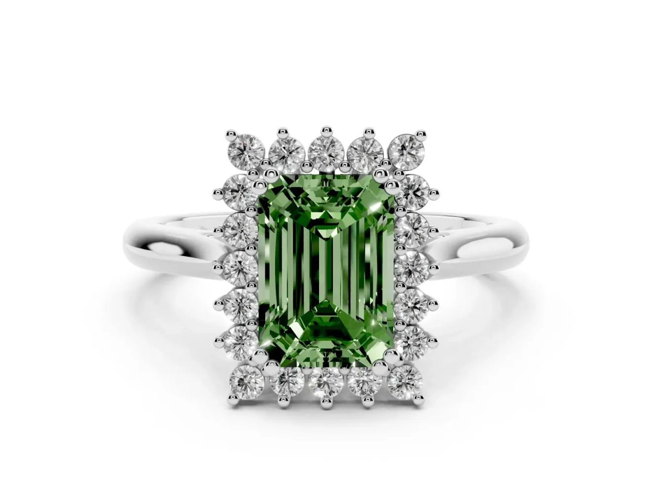 Fancy Green Emerald Cut Diamond Halo Ring Set in Platinum with Plain Solitaire Band and Prong Setting