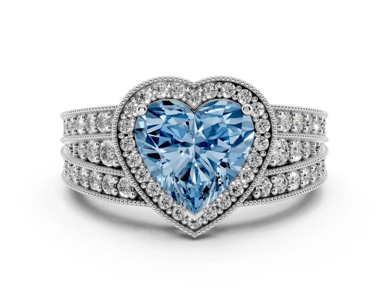 Fancy Blue Heart Cut Diamond Halo Ring Set in Silver with Accent Split Shank and Prong Setting