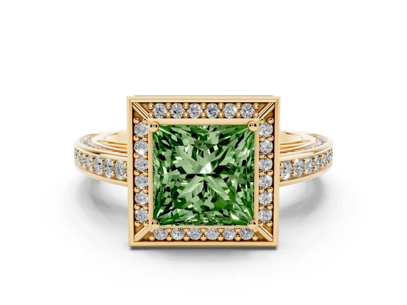 Princess Cut Sectioned Halo Engagement Ring Setting for a Fancy Green Lab-Grown Diamond | Yellow Gold