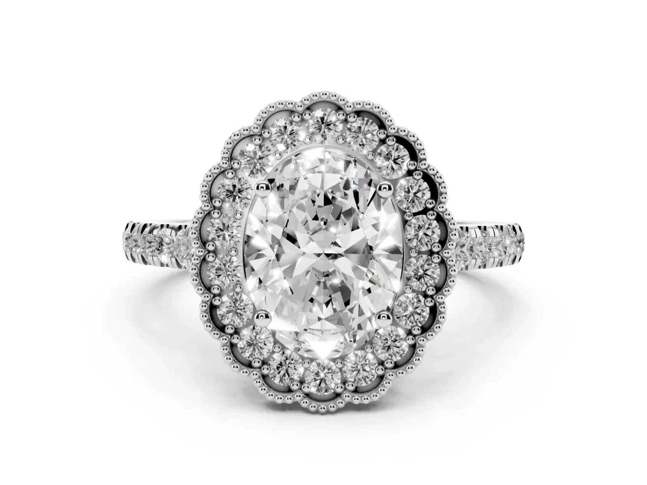 Oval Vintage Milgrain Floral Halo Engagement Ring Setting | Pavé Band | White Gold
