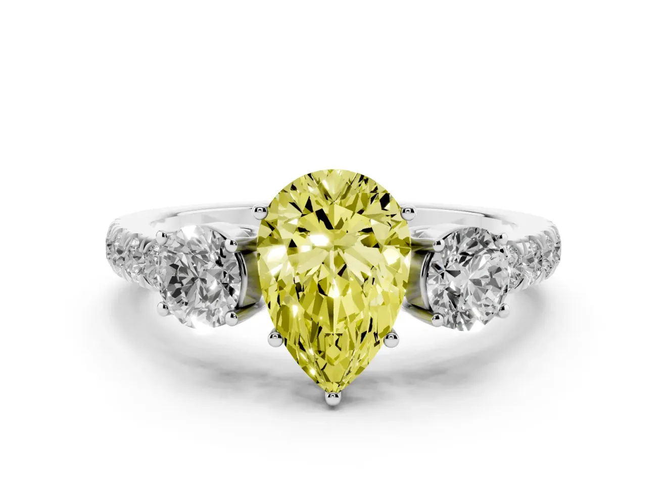 Fancy Yellow Pear Cut Diamond Three-Stone Ring Set in Platinum with Round Side Stones and Delicate Pavé Band