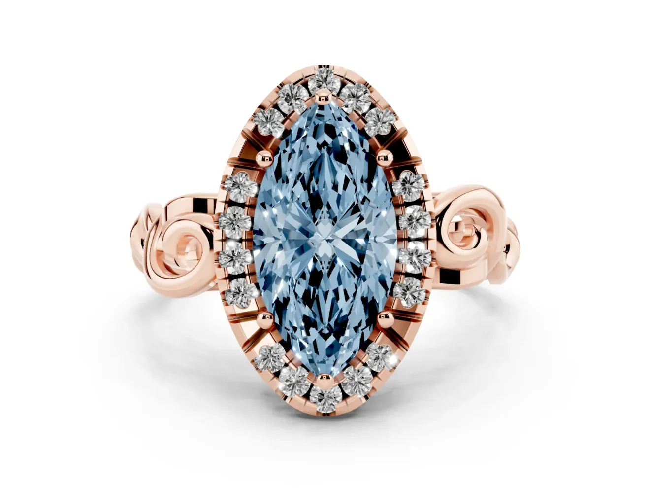 Fancy Blue Marquise Cut Diamond Halo Ring Set in Rose gold with Scrollwork Band and Prong Setting