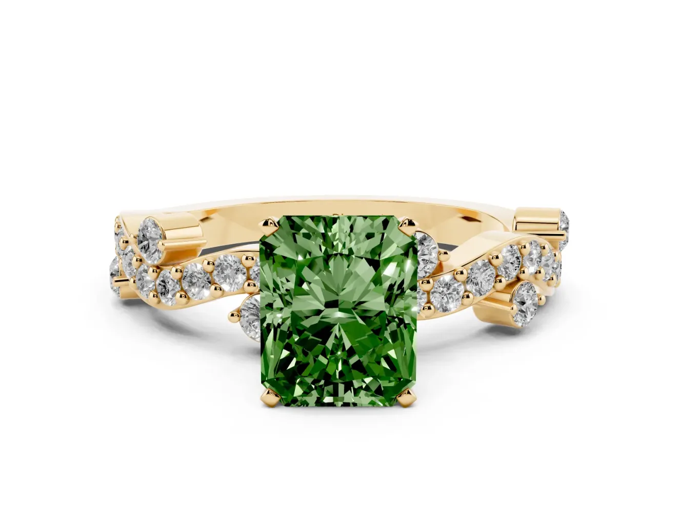 Fancy Green Radiant Cut Diamond Solitaire Twisted Band Set in Yellow gold with Pavé Setting