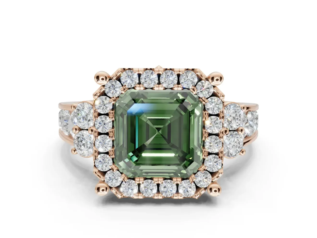Asscher Cut Halo Engagement Ring Setting for a Fancy Green Lab-Grown Diamond | Graduated Channel Band | Rose Gold